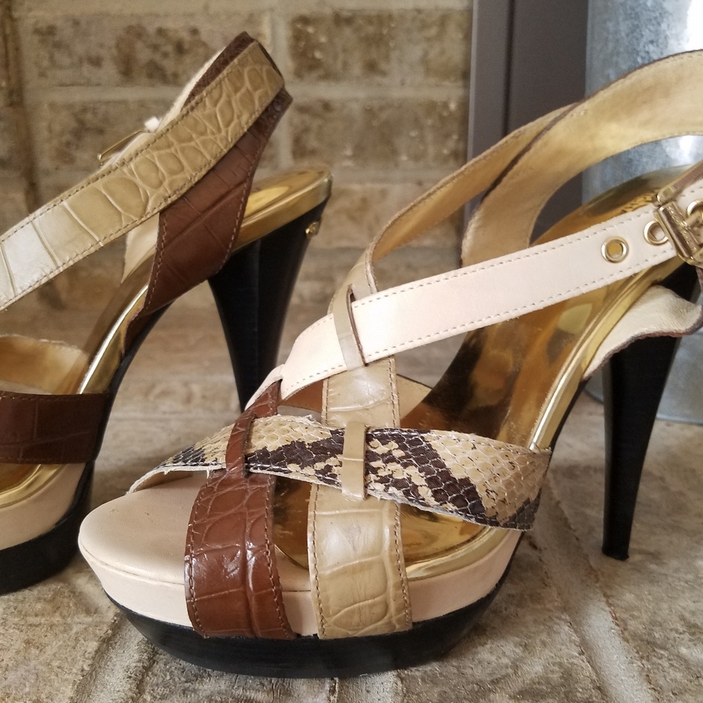 AUTHENTIC Michael Kors Beige Snakeskin Brown Black Leather Platform Sandals - Picture 7 of 11